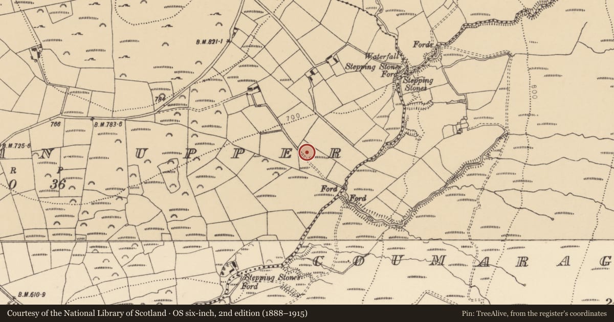 Ordnance Survey six-inch map, 2nd edition (1888–1915) covering the location of Fulacht fia, Kilbryan Upper, County Waterford, with a pin at the register's coordinates