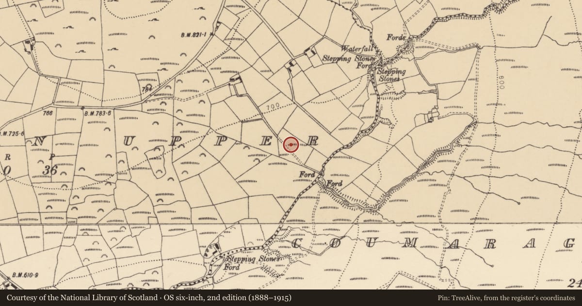 Ordnance Survey six-inch map, 2nd edition (1888–1915) covering the location of Fulacht fia, Kilbryan Upper, County Waterford, with a pin at the register's coordinates