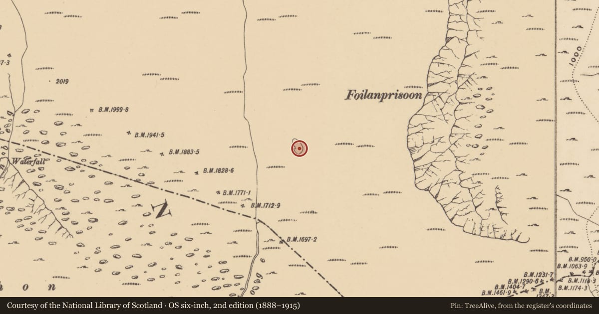 Ordnance Survey six-inch map, 2nd edition (1888–1915) covering the location of Enclosure, Kilclooney, County Waterford, with a pin at the register's coordinates