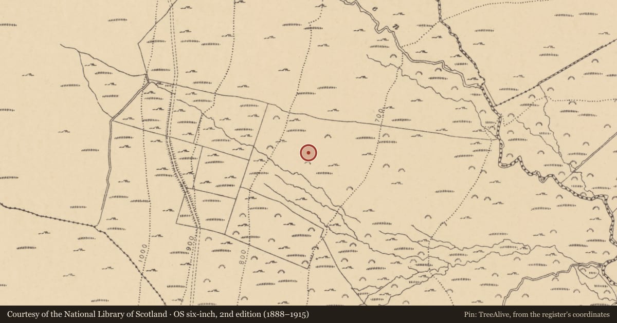 Ordnance Survey six-inch map, 2nd edition (1888–1915) covering the location of Enclosure, Cutteen North, County Waterford, with a pin at the register's coordinates