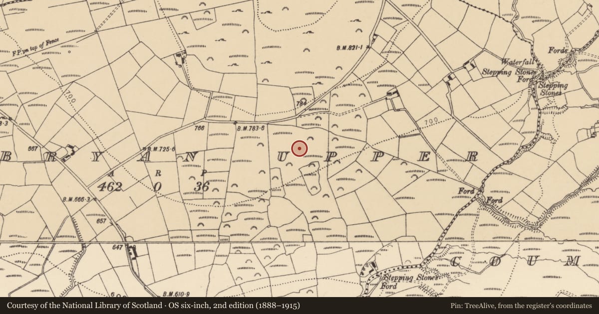 Ordnance Survey six-inch map, 2nd edition (1888–1915) covering the location of Field system, Kilbryan Upper, County Waterford, with a pin at the register's coordinates