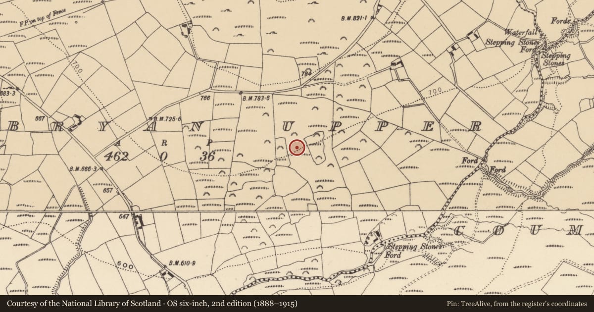 Ordnance Survey six-inch map, 2nd edition (1888–1915) covering the location of Fulacht fia, Kilbryan Upper, County Waterford, with a pin at the register's coordinates