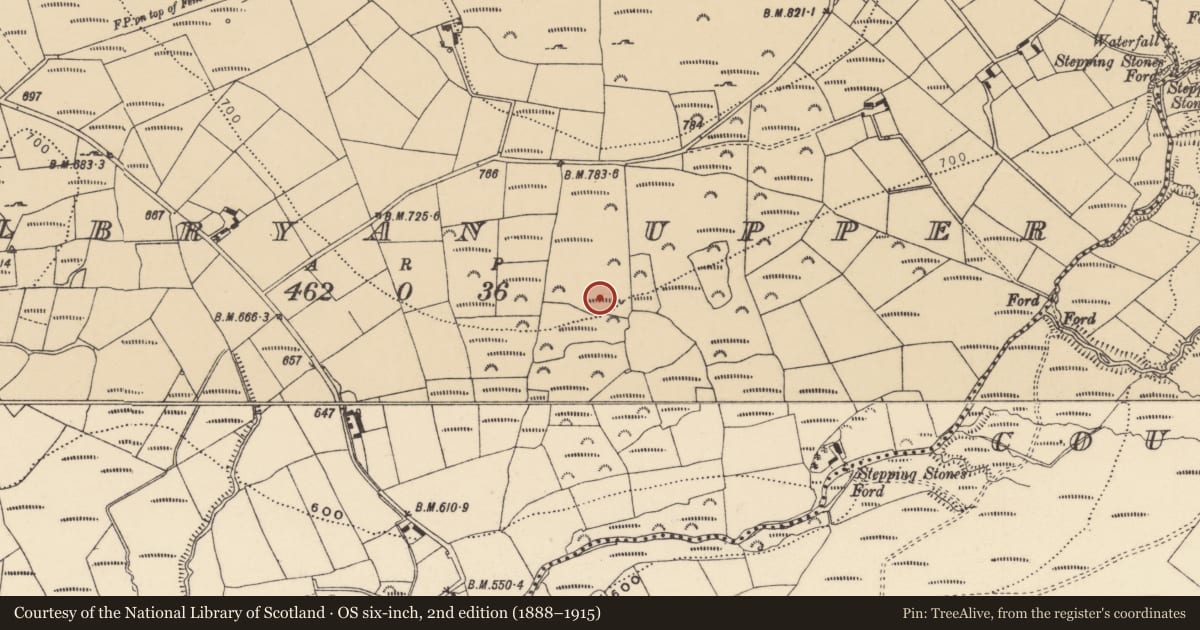 Ordnance Survey six-inch map, 2nd edition (1888–1915) covering the location of House - indeterminate date, Kilbryan Upper, County Waterford, with a pin at the register's coordinates