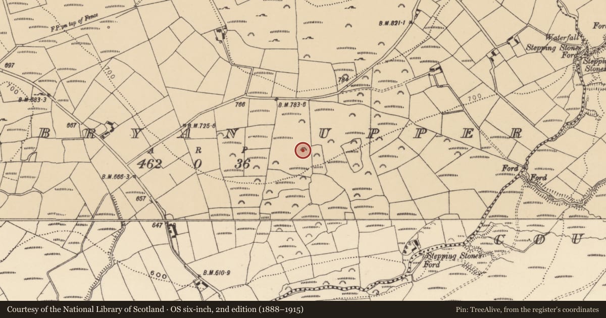 Ordnance Survey six-inch map, 2nd edition (1888–1915) covering the location of House - indeterminate date, Kilbryan Upper, County Waterford, with a pin at the register's coordinates