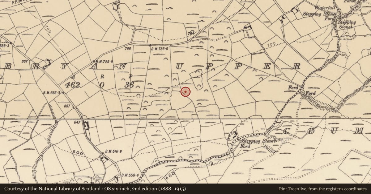 Ordnance Survey six-inch map, 2nd edition (1888–1915) covering the location of House - indeterminate date, Kilbryan Upper, County Waterford, with a pin at the register's coordinates