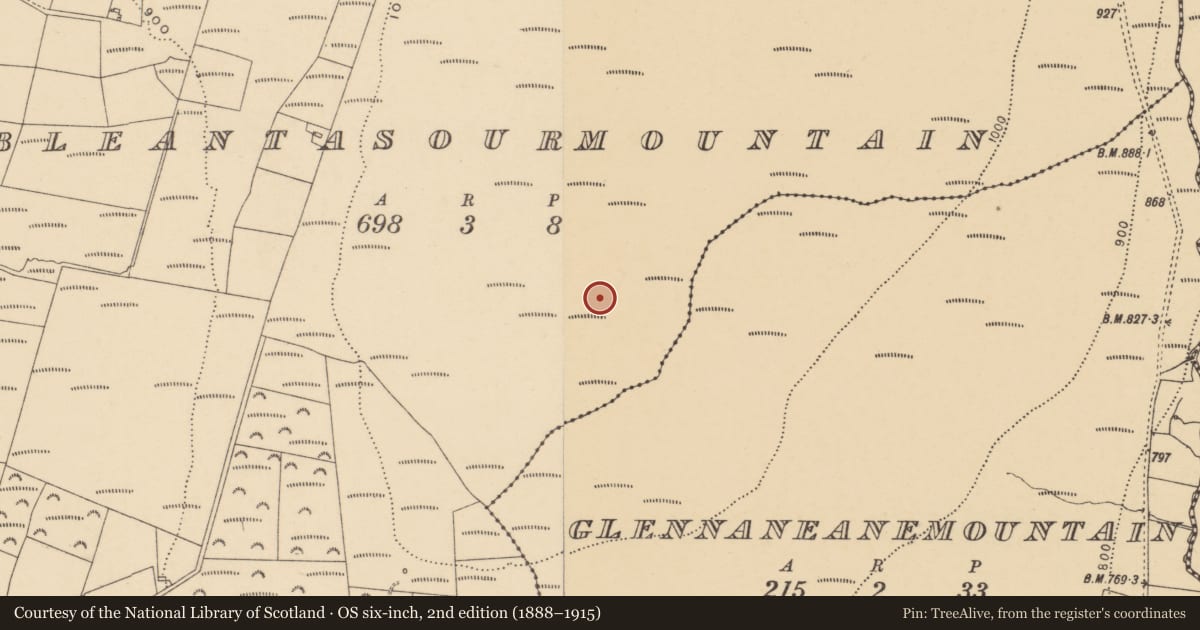 Ordnance Survey six-inch map, 2nd edition (1888–1915) covering the location of Booley hut, Bleantasour Mountain, County Waterford, with a pin at the register's coordinates