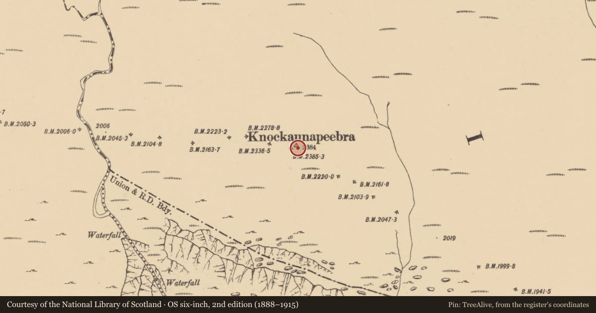 Ordnance Survey six-inch map, 2nd edition (1888–1915) covering the location of Cairn - unclassified, Kilclooney, County Waterford, with a pin at the register's coordinates
