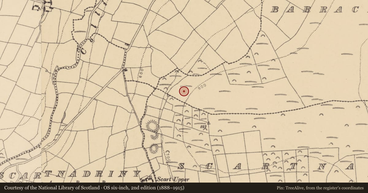 Ordnance Survey six-inch map, 2nd edition (1888–1915) covering the location of House - indeterminate date, Barracreemountain Lower, County Waterford, with a pin at the register's coordinates