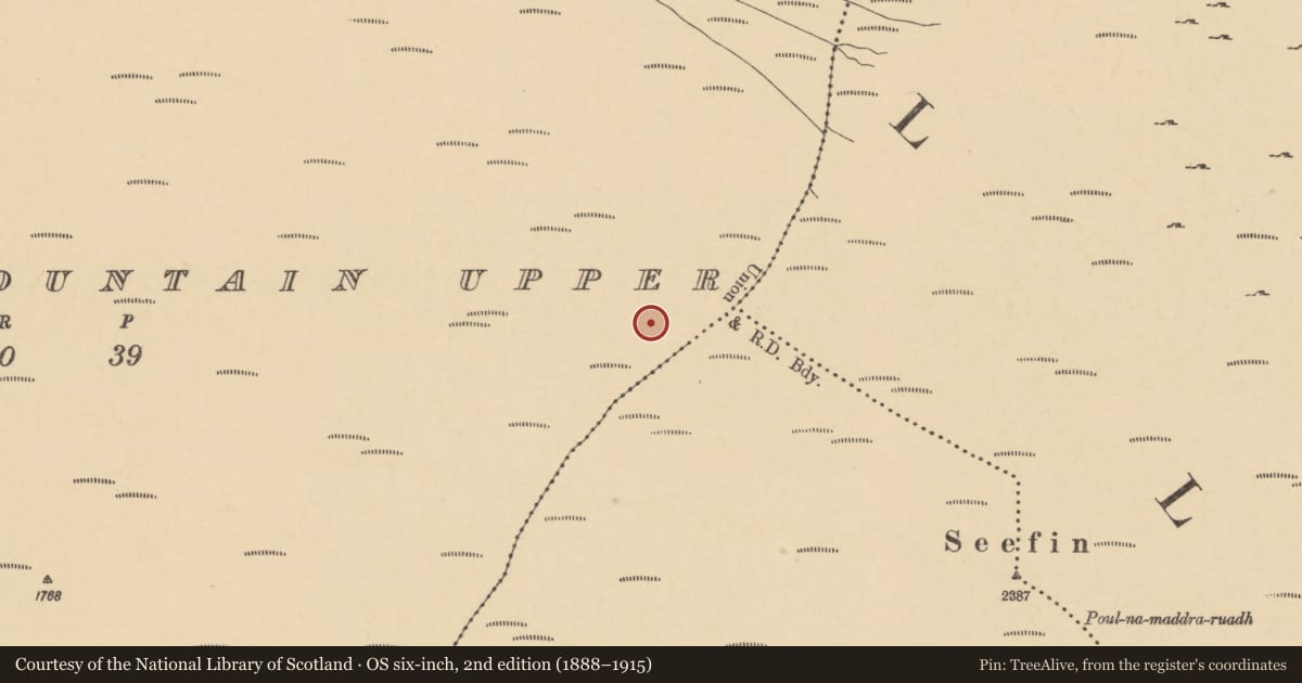 Ordnance Survey six-inch map, 2nd edition (1888–1915) covering the location of Cairn - unclassified, Barracreemountain Upper, County Waterford, with a pin at the register's coordinates