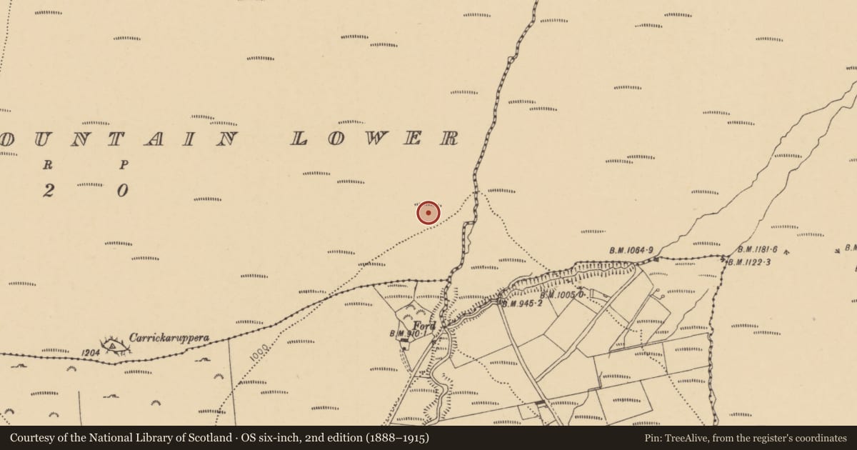 Ordnance Survey six-inch map, 2nd edition (1888–1915) covering the location of Hut site, Barracreemountain Lower, County Waterford, with a pin at the register's coordinates