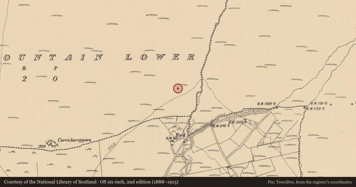 Ordnance Survey six-inch map, 2nd edition (1888–1915) covering the location of Hut site, Barracreemountain Lower, County Waterford, with a pin at the register's coordinates