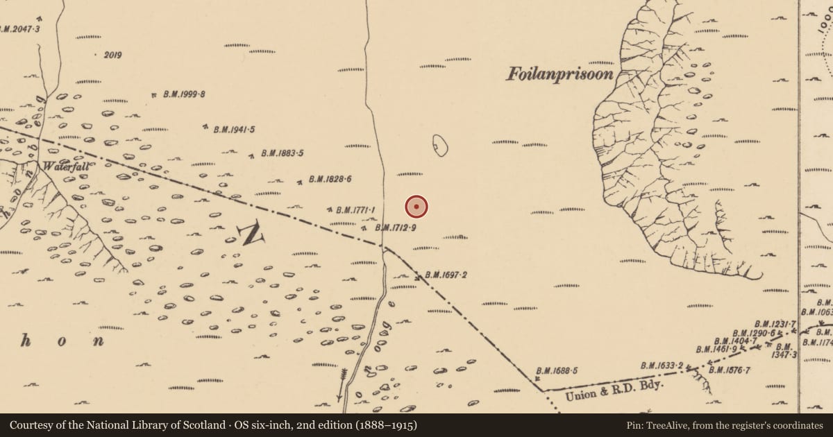 Ordnance Survey six-inch map, 2nd edition (1888–1915) covering the location of Hut site, Kilclooney, County Waterford, with a pin at the register's coordinates