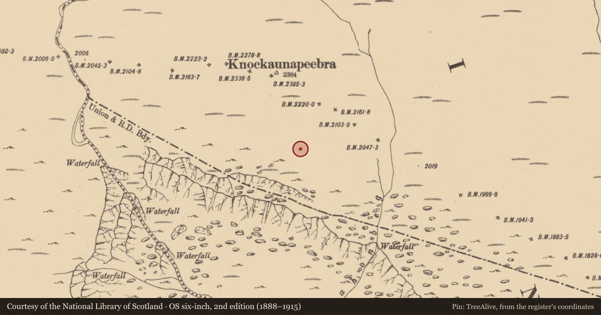 Ordnance Survey six-inch map, 2nd edition (1888–1915) covering the location of Hut site, Kilclooney, County Waterford, with a pin at the register's coordinates
