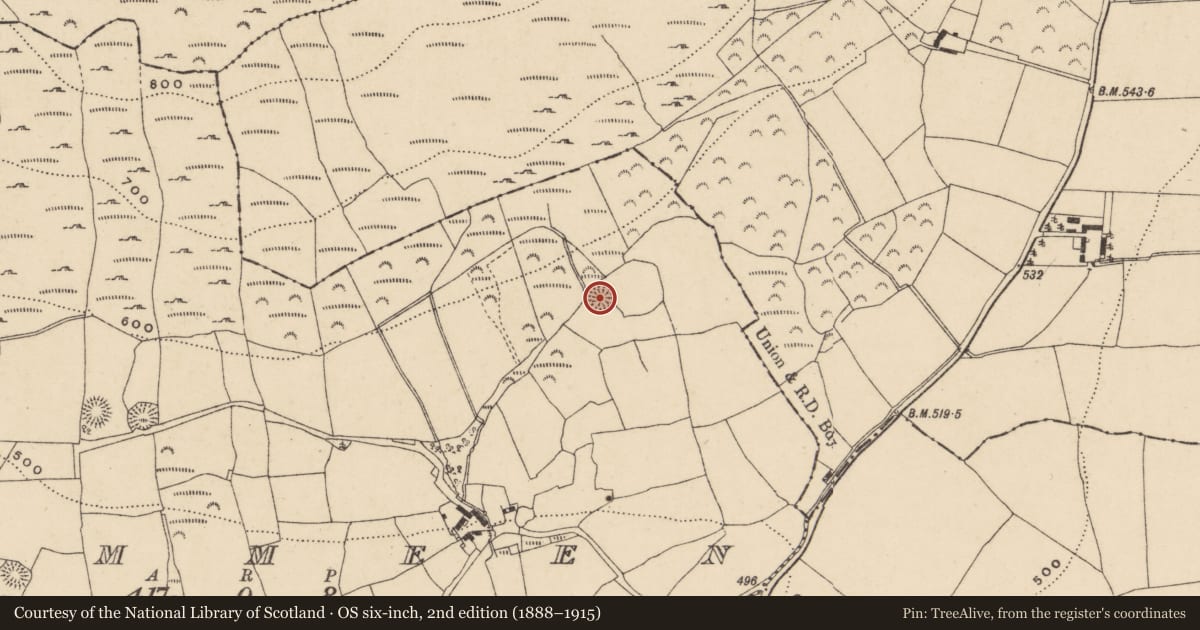 Ordnance Survey six-inch map, 2nd edition (1888–1915) covering the location of Enclosure, Cummeen, County Waterford, with a pin at the register's coordinates