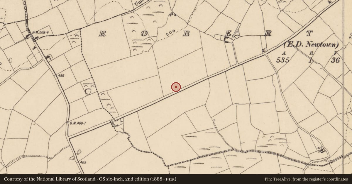 Ordnance Survey six-inch map, 2nd edition (1888–1915) covering the location of Enclosure, Robertstown (Decies without Drum By., Rossduff Par.), County Waterford, with a pin at the register's coordinates