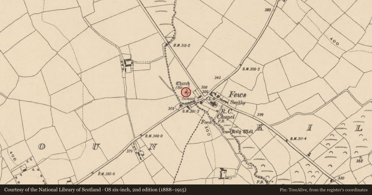 Ordnance Survey six-inch map, 2nd edition (1888–1915) covering the location of Church, Kilnagrange, County Waterford, with a pin at the register's coordinates