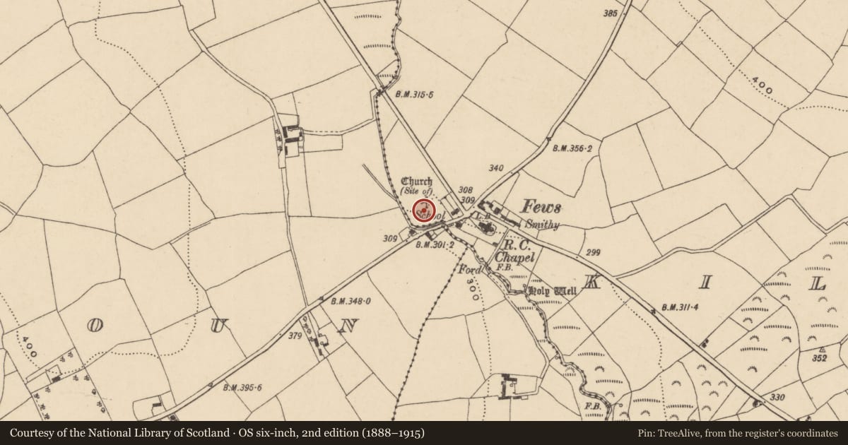 Ordnance Survey six-inch map, 2nd edition (1888–1915) covering the location of Graveyard, Kilnagrange, County Waterford, with a pin at the register's coordinates
