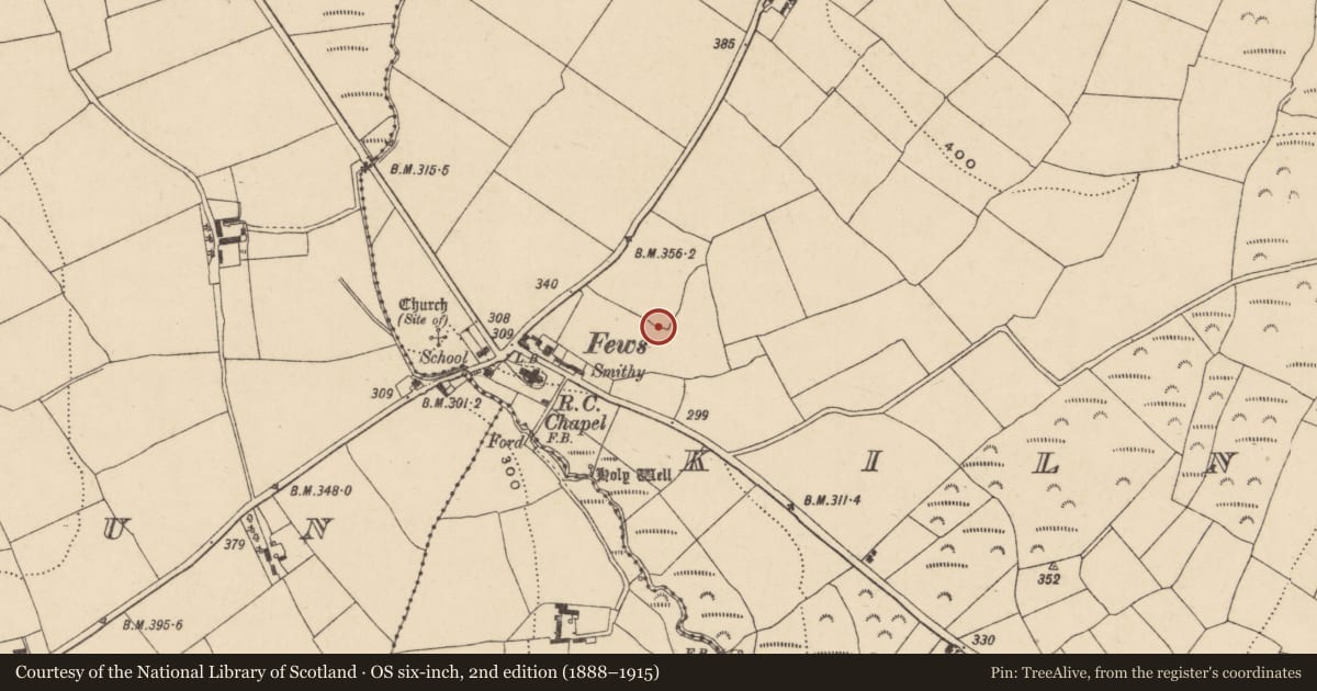 Ordnance Survey six-inch map, 2nd edition (1888–1915) covering the location of Earthwork, Kilnagrange, County Waterford, with a pin at the register's coordinates