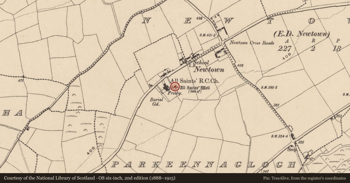 Ordnance Survey six-inch map, 2nd edition (1888–1915) covering the location of Ritual site - holy well, Parkeennaglogh, County Waterford, with a pin at the register's coordinates