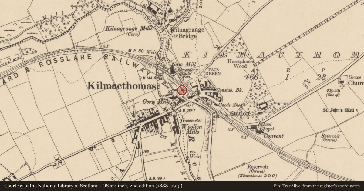 Ordnance Survey six-inch map, 2nd edition (1888–1915) covering the location of Castle - unclassified, Kilmacthomas, County Waterford, with a pin at the register's coordinates