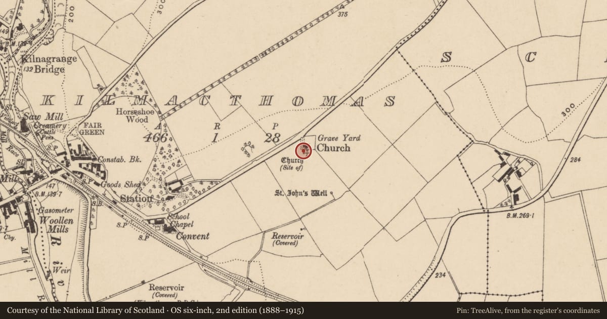 Ordnance Survey six-inch map, 2nd edition (1888–1915) covering the location of Church, Kilmacthomas, County Waterford, with a pin at the register's coordinates