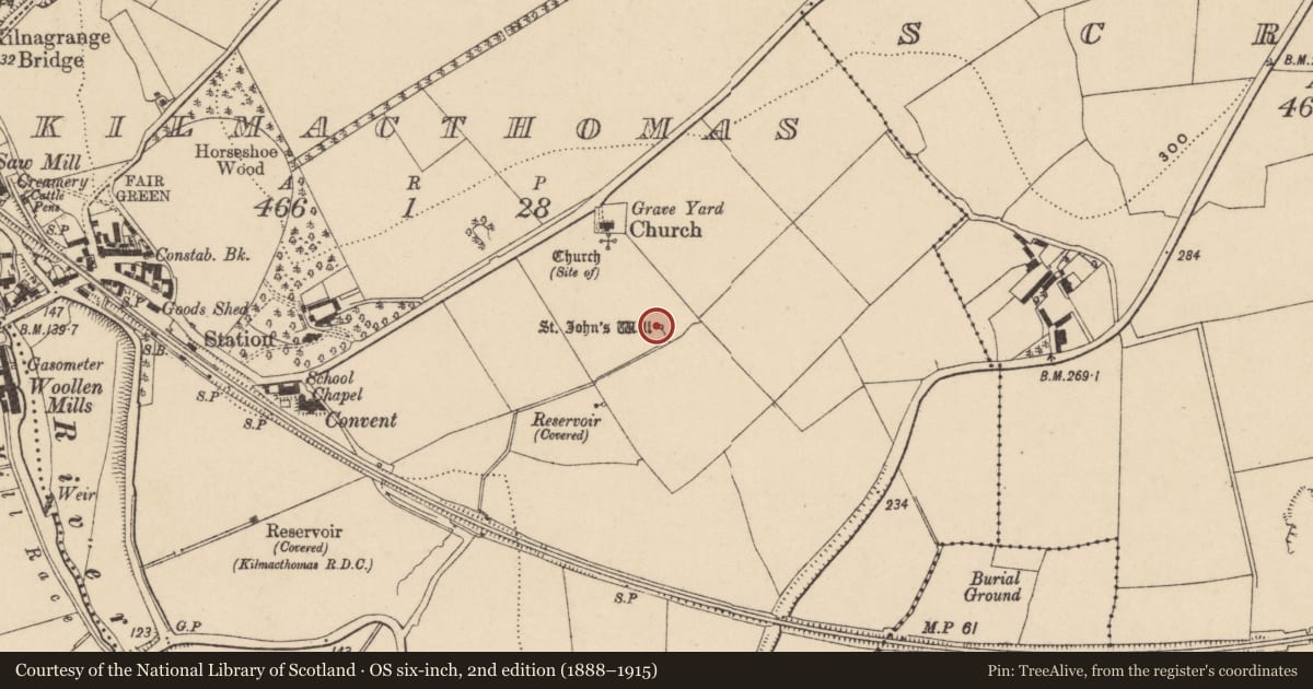 Ordnance Survey six-inch map, 2nd edition (1888–1915) covering the location of Ritual site - holy well, Kilmacthomas, County Waterford, with a pin at the register's coordinates