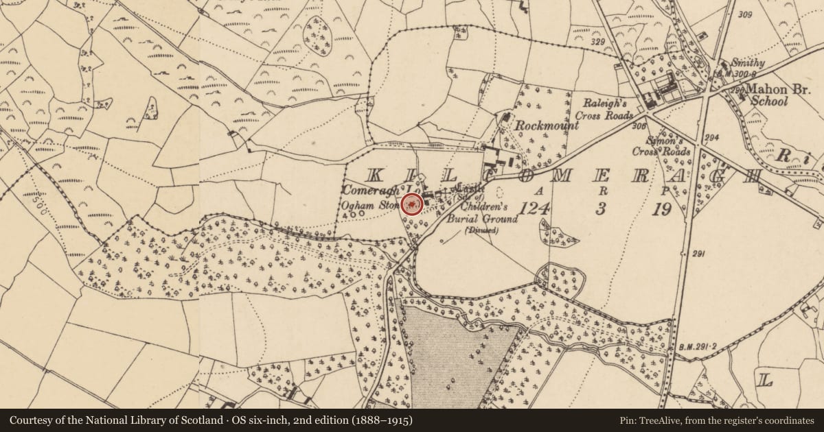 Ordnance Survey six-inch map, 2nd edition (1888–1915) covering the location of Ogham stone (present location), Kilcomeragh, County Waterford, with a pin at the register's coordinates