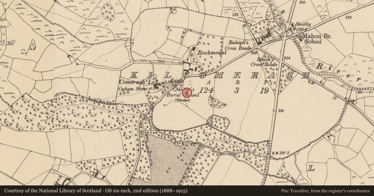 Ordnance Survey six-inch map, 2nd edition (1888–1915) covering the location of Souterrain, Kilcomeragh, County Waterford, with a pin at the register's coordinates