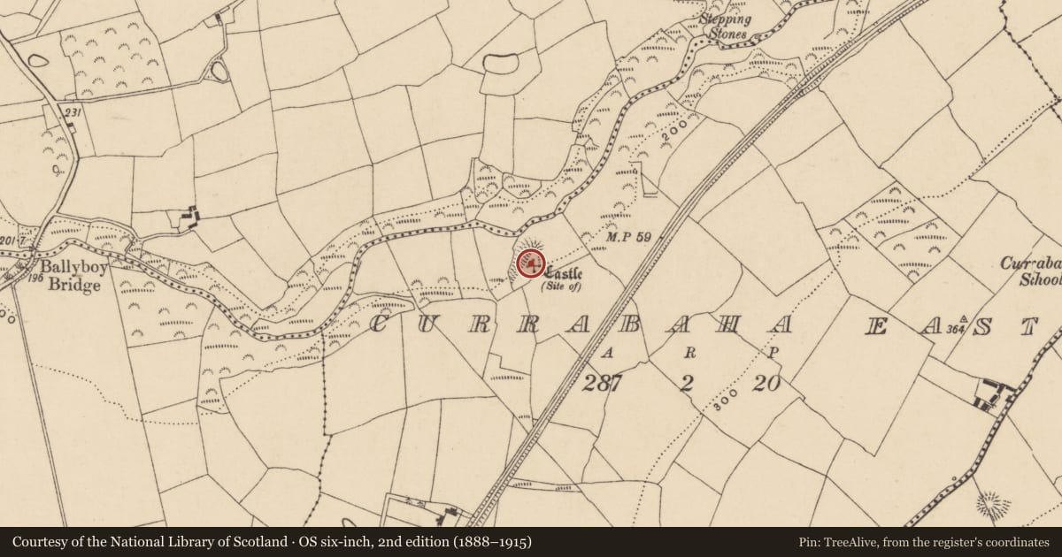 Ordnance Survey six-inch map, 2nd edition (1888–1915) covering the location of Castle - unclassified, Currabaha East, County Waterford, with a pin at the register's coordinates