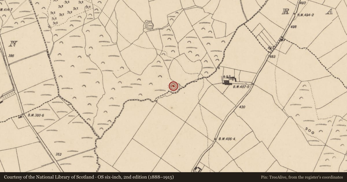 Ordnance Survey six-inch map, 2nd edition (1888–1915) covering the location of Moated site, Cummeen, County Waterford, with a pin at the register's coordinates