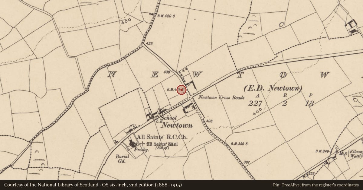 Ordnance Survey six-inch map, 2nd edition (1888–1915) covering the location of Settlement cluster, County Waterford, with a pin at the register's coordinates
