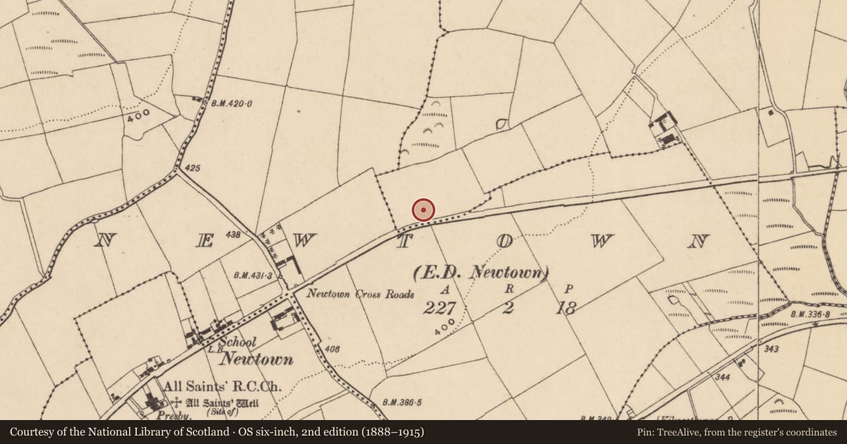 Ordnance Survey six-inch map, 2nd edition (1888–1915) covering the location of Ring-ditch, Ballyhussa, County Waterford, with a pin at the register's coordinates