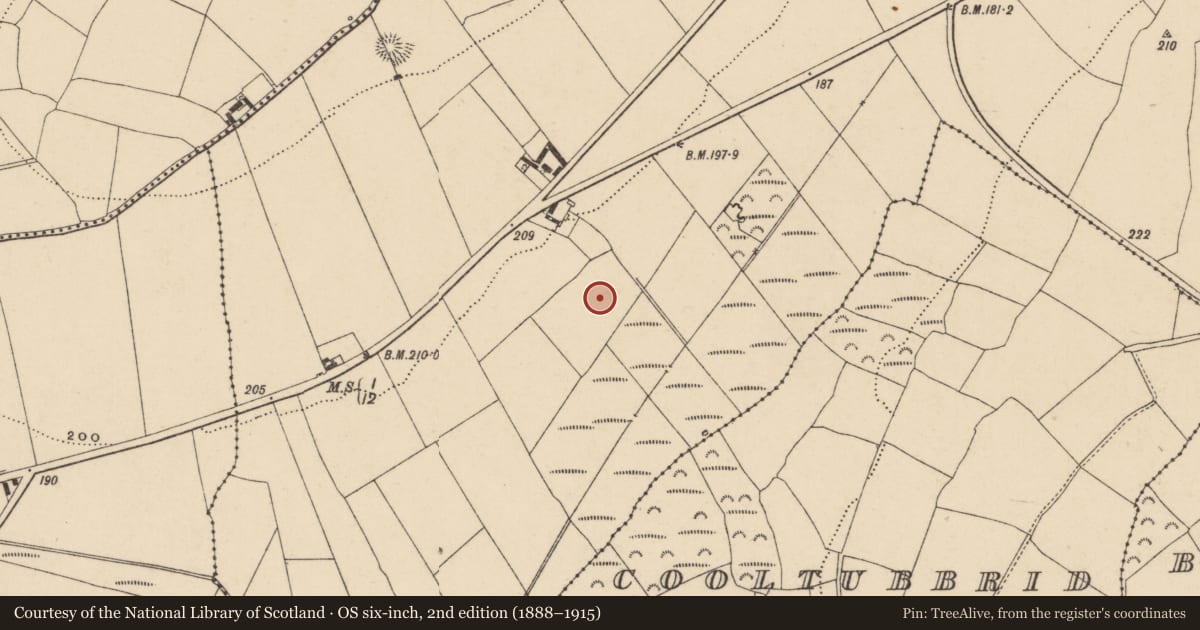 Ordnance Survey six-inch map, 2nd edition (1888–1915) covering the location of Fulacht fia, Graigueshoneen, County Waterford, with a pin at the register's coordinates