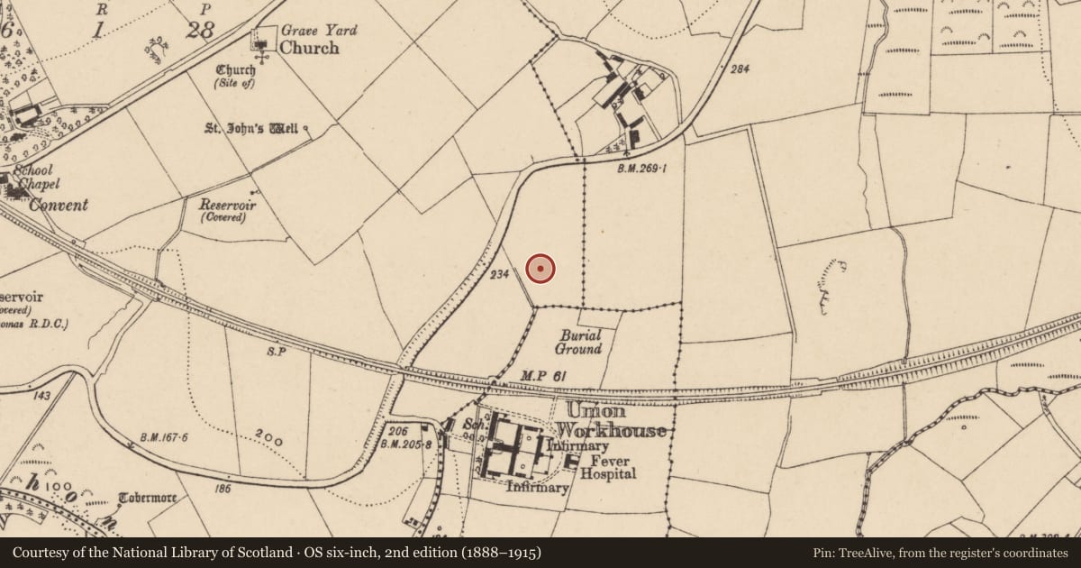 Ordnance Survey six-inch map, 2nd edition (1888–1915) covering the location of Metalworking site, Kilmacthomas, County Waterford, with a pin at the register's coordinates