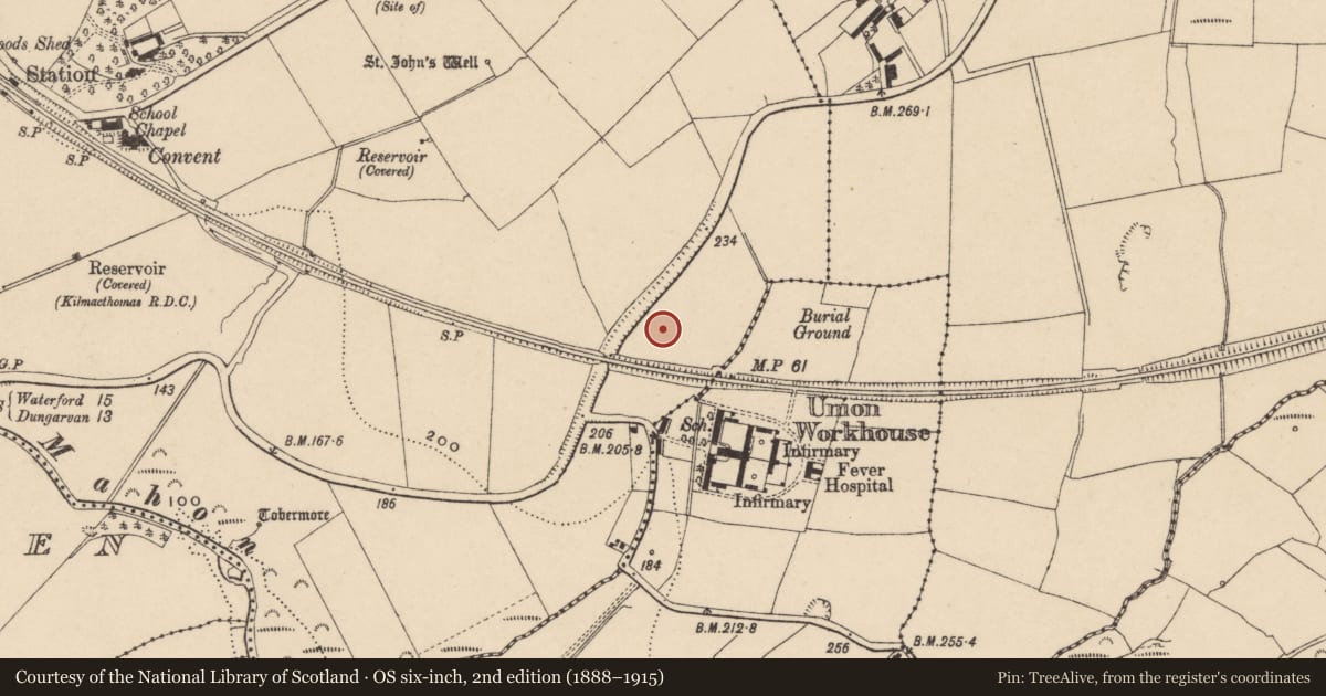 Ordnance Survey six-inch map, 2nd edition (1888–1915) covering the location of Excavation - miscellaneous, Kilmacthomas, County Waterford, with a pin at the register's coordinates