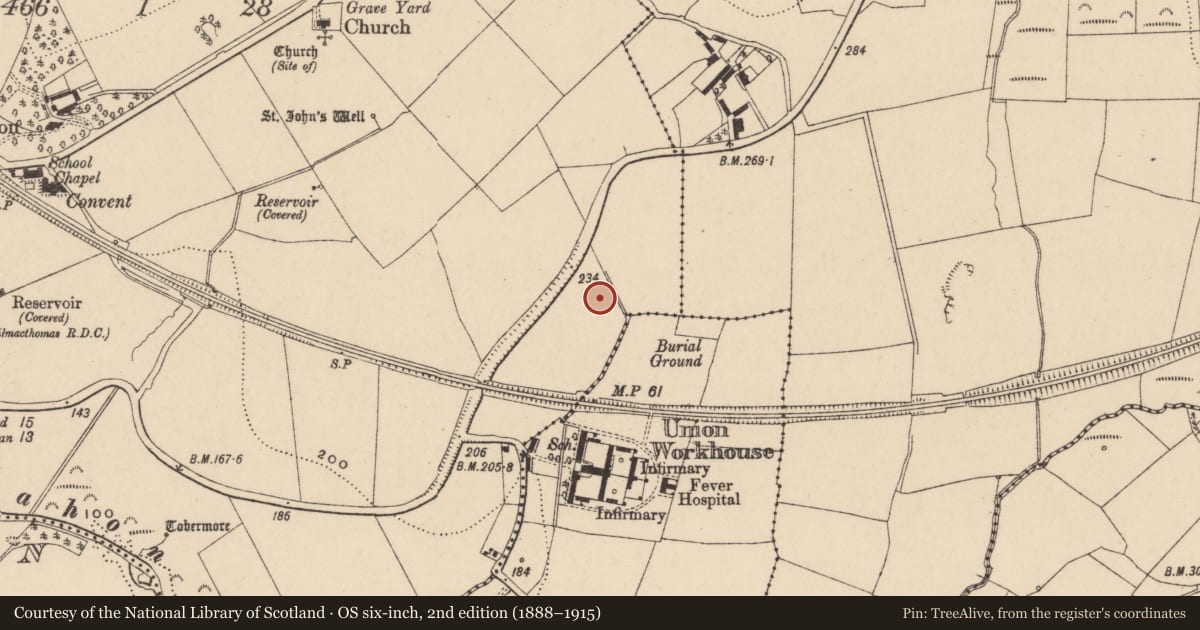 Ordnance Survey six-inch map, 2nd edition (1888–1915) covering the location of Excavation - miscellaneous, Kilmacthomas, County Waterford, with a pin at the register's coordinates