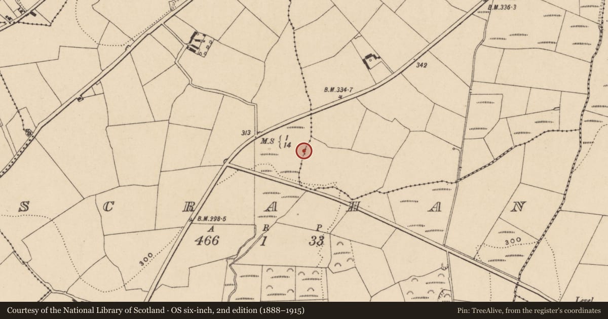 Ordnance Survey six-inch map, 2nd edition (1888–1915) covering the location of Fulacht fia, Scrahan, County Waterford, with a pin at the register's coordinates