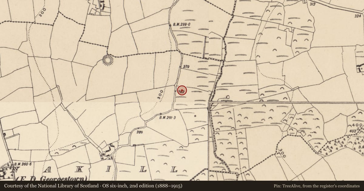 Ordnance Survey six-inch map, 2nd edition (1888–1915) covering the location of Burnt mound, Shanakill (Decies without Drum By., Rossduff Par.), County Waterford, with a pin at the register's coordinates