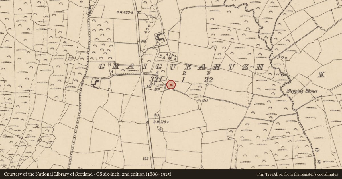 Ordnance Survey six-inch map, 2nd edition (1888–1915) covering the location of Burnt mound, Graiguearush, County Waterford, with a pin at the register's coordinates