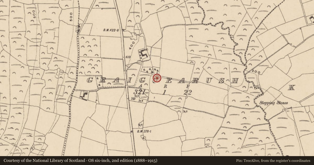 Ordnance Survey six-inch map, 2nd edition (1888–1915) covering the location of Burnt mound, Graiguearush, County Waterford, with a pin at the register's coordinates