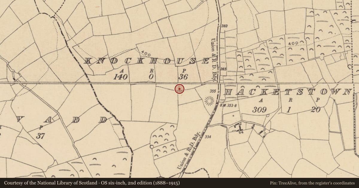 Ordnance Survey six-inch map, 2nd edition (1888–1915) covering the location of Ringfort - unclassified, Knockhouse, County Waterford, with a pin at the register's coordinates
