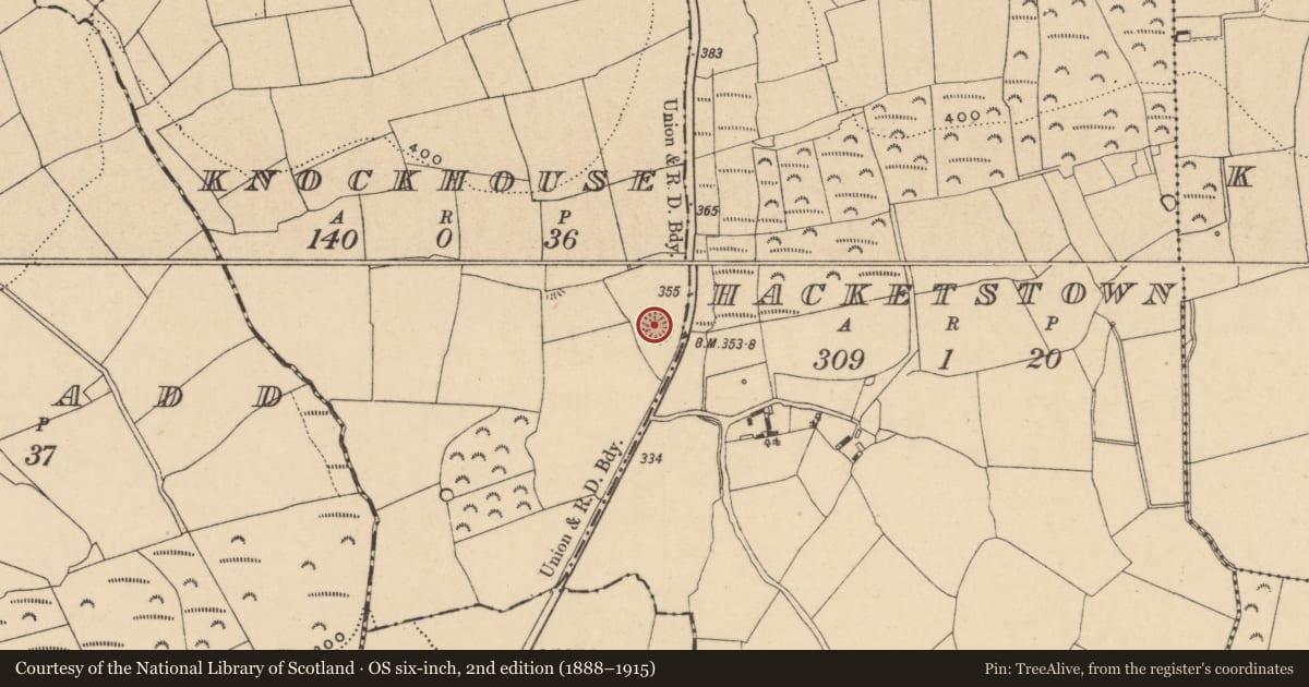 Ordnance Survey six-inch map, 2nd edition (1888–1915) covering the location of Ringfort - rath, Knockhouse, County Waterford, with a pin at the register's coordinates