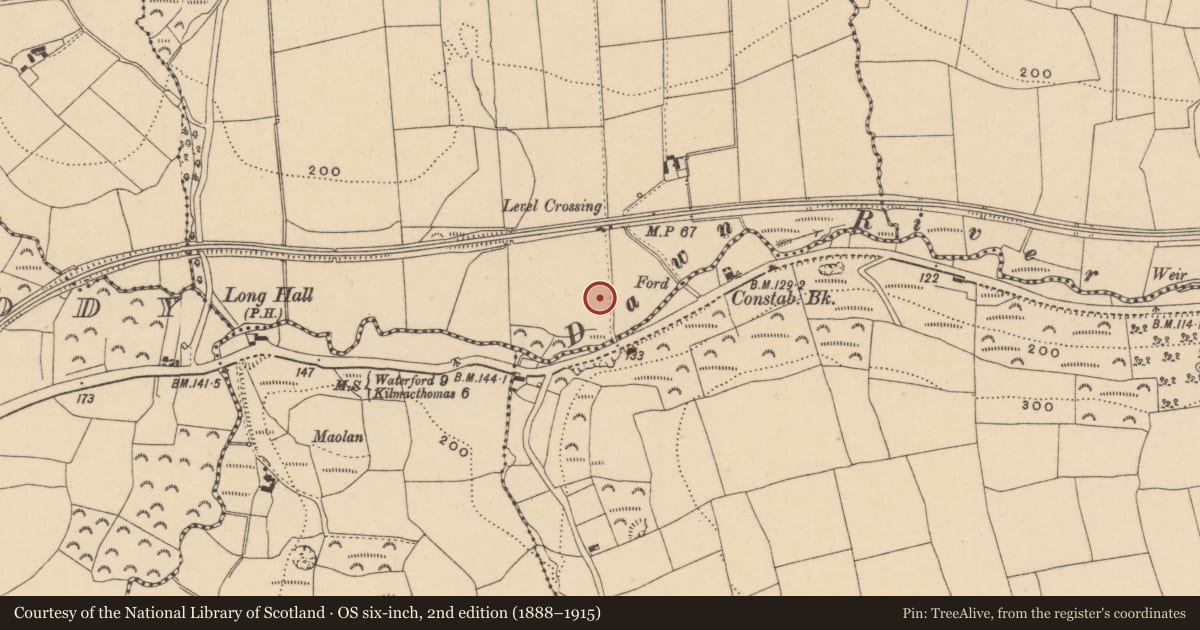 Ordnance Survey six-inch map, 2nd edition (1888–1915) covering the location of Church, Kilmoyemoge East, County Waterford, with a pin at the register's coordinates