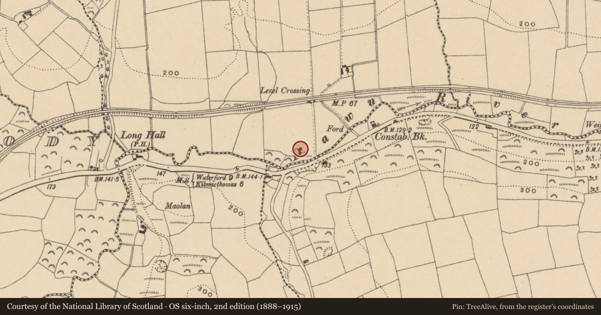 Ordnance Survey six-inch map, 2nd edition (1888–1915) covering the location of Barrow - mound barrow, Kilmoyemoge East, County Waterford, with a pin at the register's coordinates