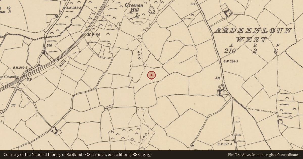 Ordnance Survey six-inch map, 2nd edition (1888–1915) covering the location of Enclosure, Greenan, County Waterford, with a pin at the register's coordinates