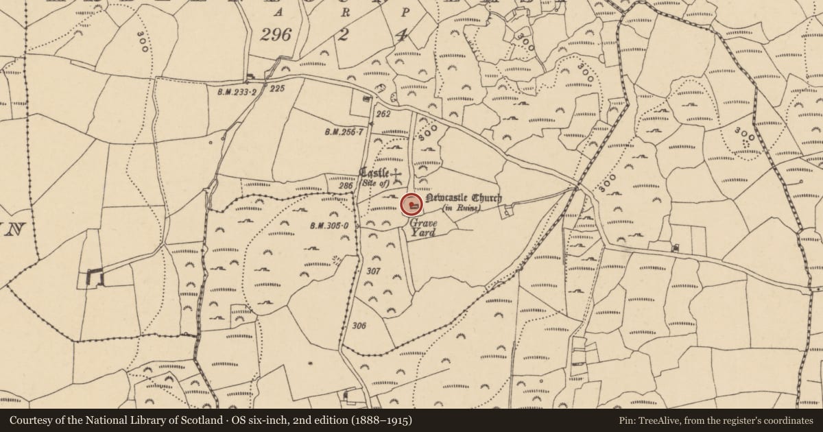 Ordnance Survey six-inch map, 2nd edition (1888–1915) covering the location of Church, Ardeenloun East, County Waterford, with a pin at the register's coordinates