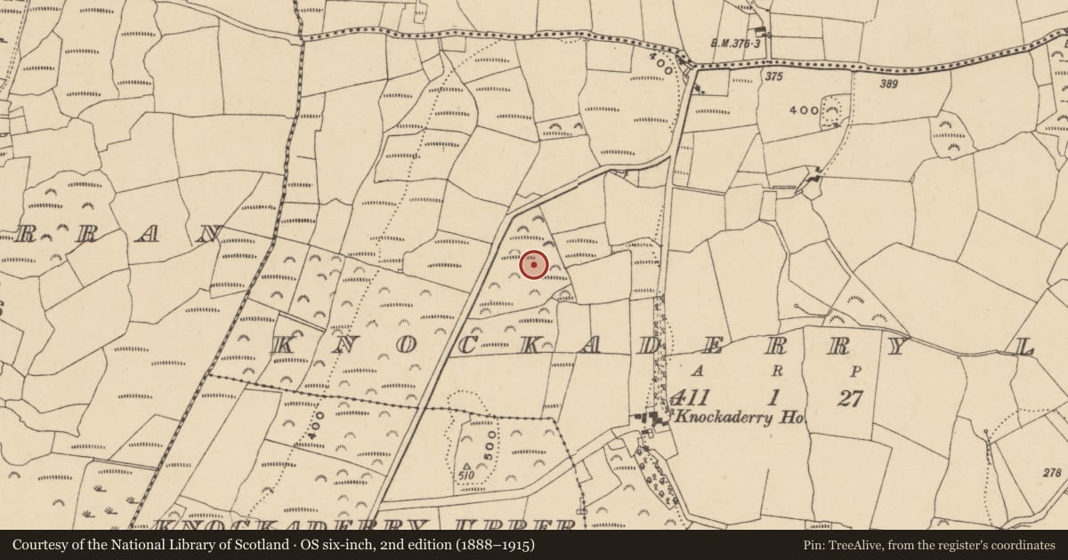 Ordnance Survey six-inch map, 2nd edition (1888–1915) covering the location of Burnt mound, Knockaderry Lower, County Waterford, with a pin at the register's coordinates