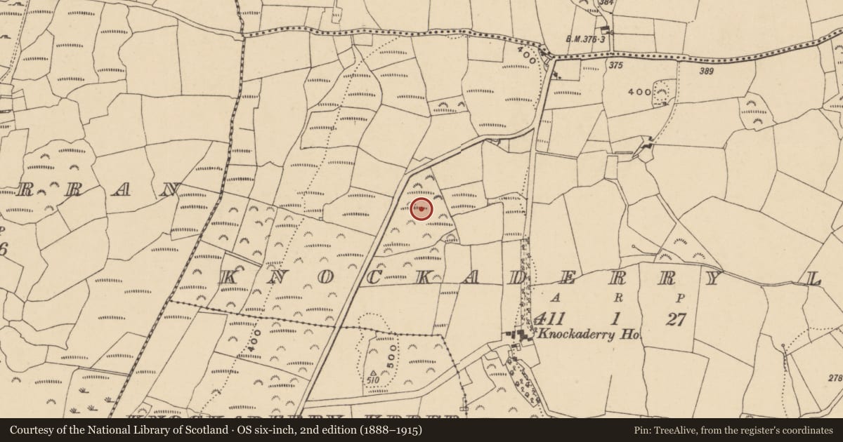Ordnance Survey six-inch map, 2nd edition (1888–1915) covering the location of Burnt mound, Knockaderry Lower, County Waterford, with a pin at the register's coordinates