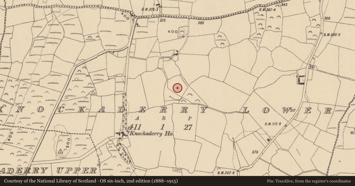 Ordnance Survey six-inch map, 2nd edition (1888–1915) covering the location of Burnt mound, Knockaderry Lower, County Waterford, with a pin at the register's coordinates