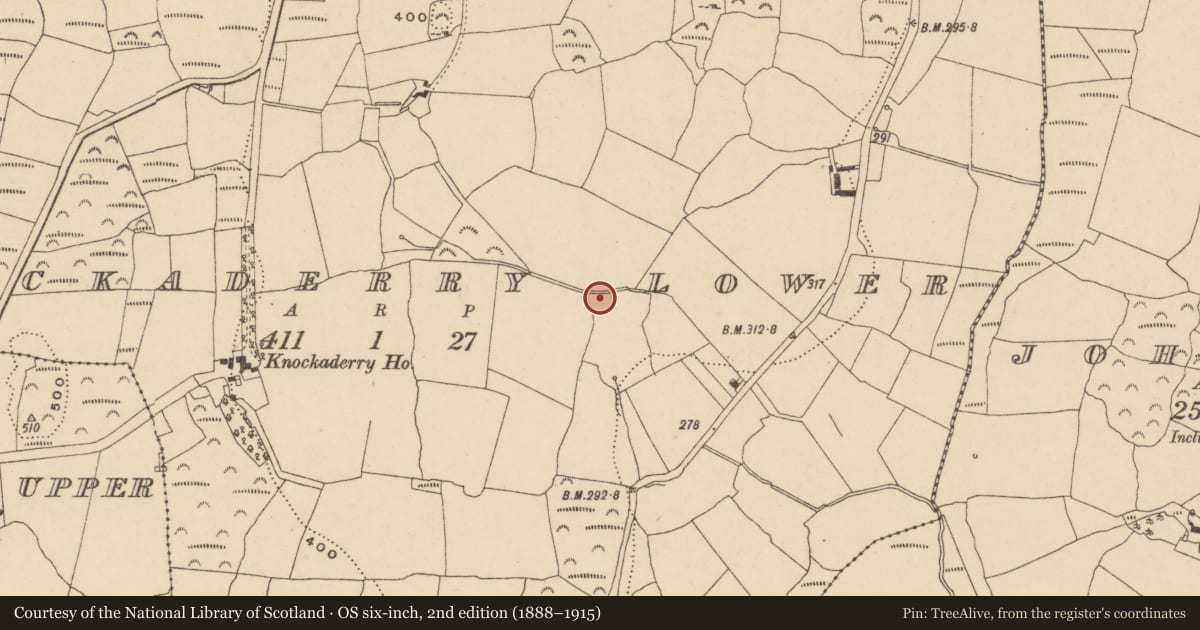 Ordnance Survey six-inch map, 2nd edition (1888–1915) covering the location of Burnt mound, Knockaderry Lower, County Waterford, with a pin at the register's coordinates